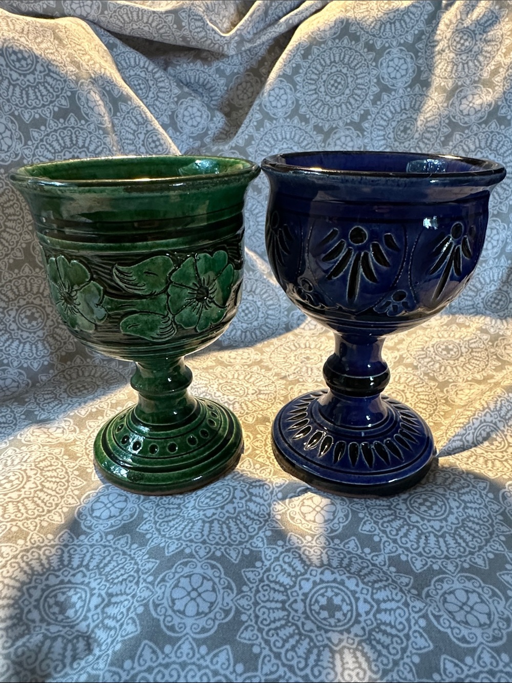 Two Ceramic Cyprus Moses goblets - Green and Blue, Vintage